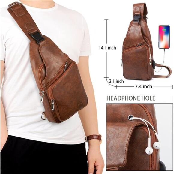 Men's Leather Sling Bag Shoulder Crossbody Chest Bag with USB Charge - Picture 2 of 5